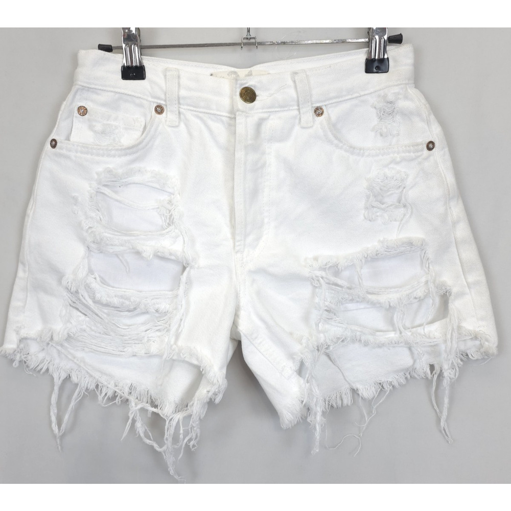 We The Free Button Fly Jean Shorts Ripped Frayed Mid Rise Women 24‎ White Denim